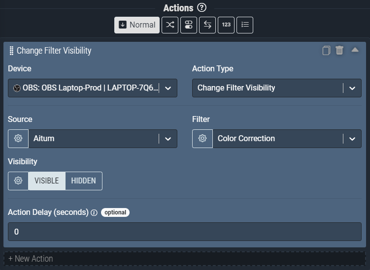 Screenshot: The Change Filter Visibility action pictured will change the *Color Correction* filter on the *Aitum* scene to *Visible*.