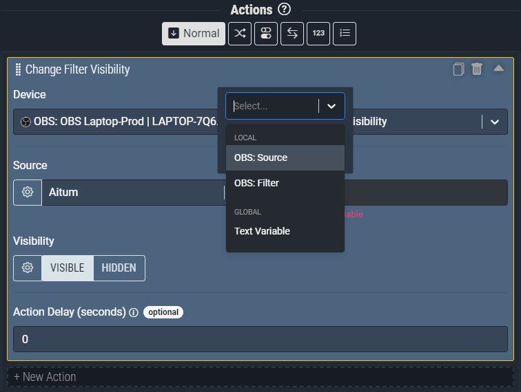 Screenshot: Pictured above is the variable select menu available on most action input fields in Aitum. 