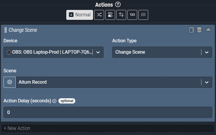 Screenshot: The Change Scene action pictured will change OBS to the ‘Aitum Record’ scene.