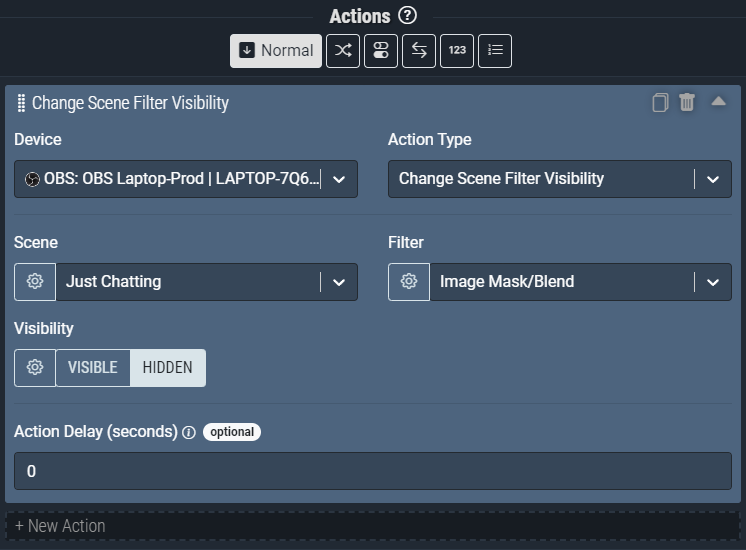 Screenshot: The Change Scene Filter Visibility action pictured will change the *Image Mask/Blend* filter on the *Just Chatting* scene to *Hidden*.