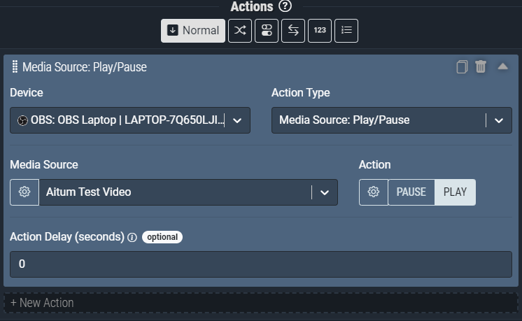 Screenshot: The Media Source: Play/Pause action pictured above will *start playback* of the *Aitum Test Video* in OBS.