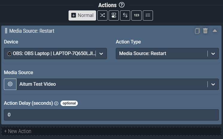 Screenshot: The Media Source: Restart action pictured above will *restart playback* of the *Aitum Test Video* in OBS.