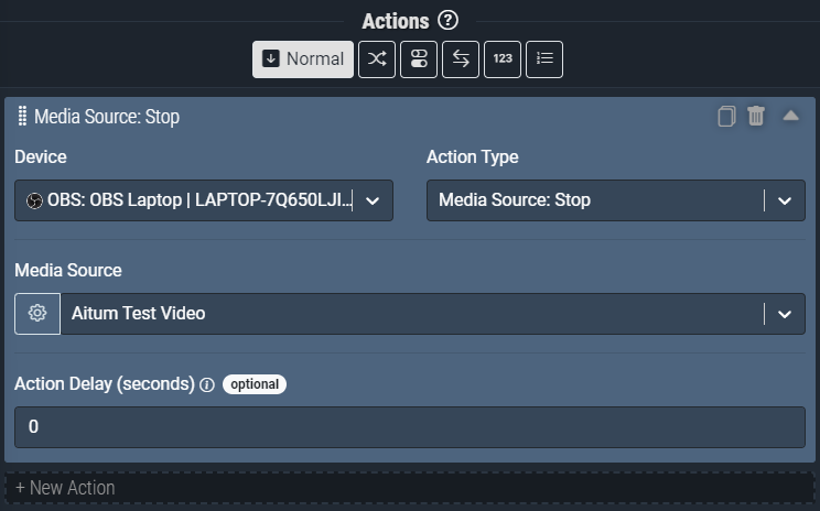 Screenshot: The Media Source: Stop action pictured above will *stop playback* of the *Aitum Test Video* in OBS.