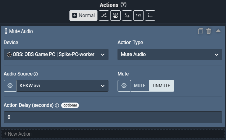 Screenshot: The Mute Audio action pictured will *Unmute* the *KEKW.avi* source.