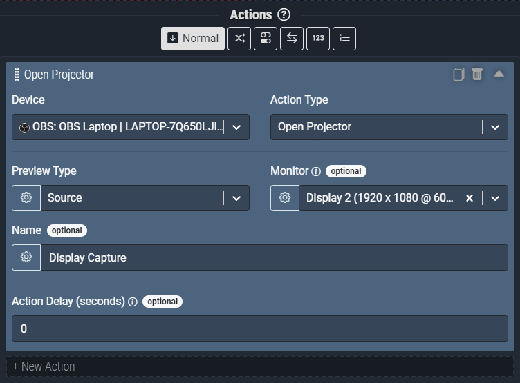 Screenshot: The Open Projector action pictured above will open a *full screen projector* on *display 2* of the *Display Capture* source.