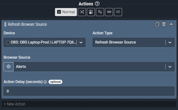 Screenshot: The Refresh Browser Source action pictured will refresh the *Alerts* browser source.