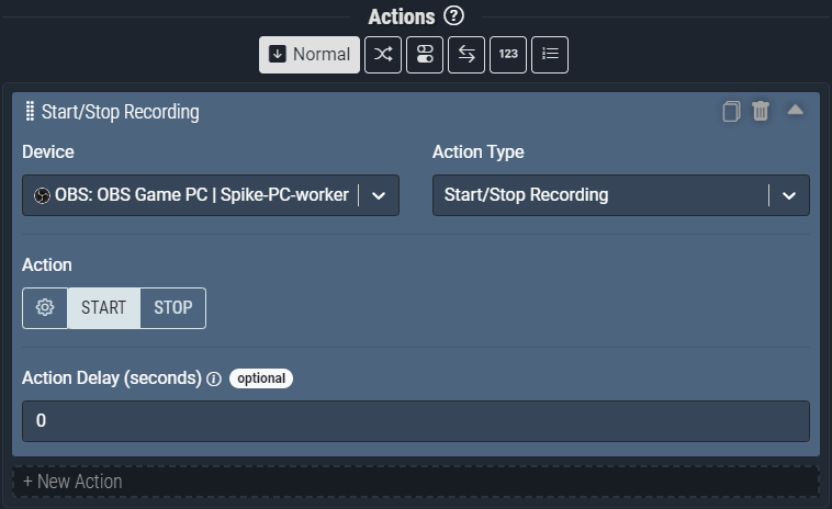 Screenshot: The Start/Stop Recording action pictured will *Start* recording in OBS Studio.