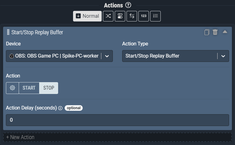 Screenshot: The Start/Stop Replay Buffer action pictured will *Stop* the Replay Buffer in OBS Studio.