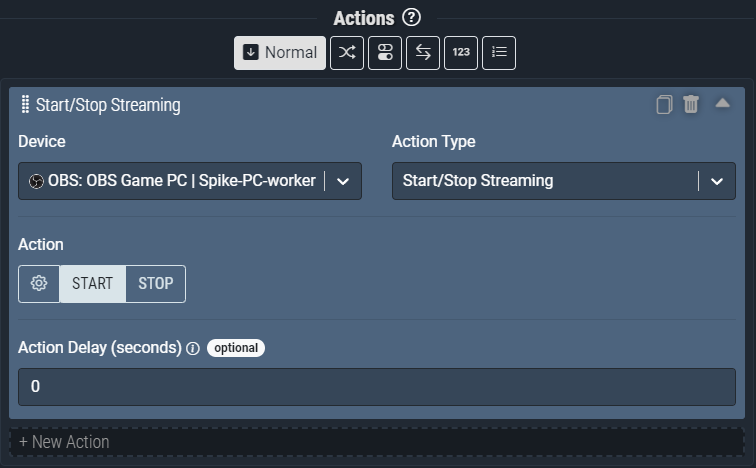 Screenshot: The Start/Stop Streaming action pictured will *Start* streaming in OBS Studio.