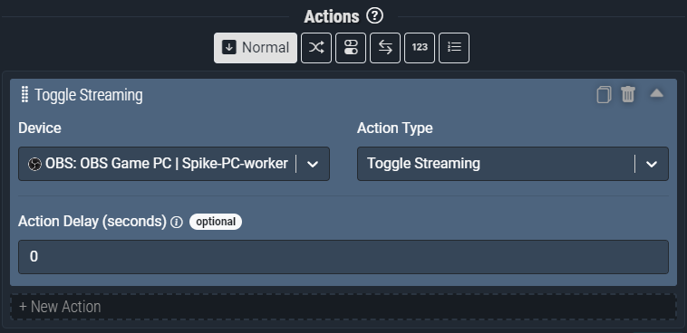 Screenshot: Toggle Streaming action.