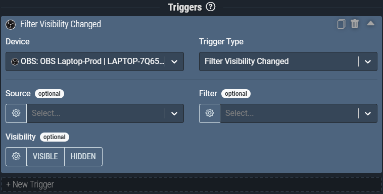 Screenshot: This Filter Visibility Changed trigger pictured will activate anytime ANY filter in OBS has it’s visibility changed to either *visible* or *hidden*.