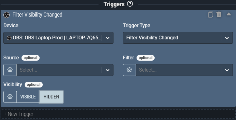 Screenshot: This Filter Visibility Changed trigger pictured will activate anytime ANY filter in OBS has it’s visibility changed to *hidden*.