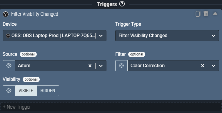 Screenshot: This Filter Visibility Changed trigger pictured will only activate when the *Color Correction* filter on the *Aitum* source is set to *Visible*.