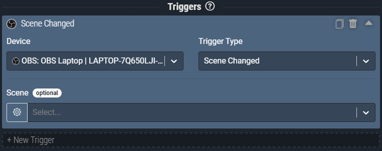 Screenshot: Scene Changed trigger will activate anytime OBS changes scenes.