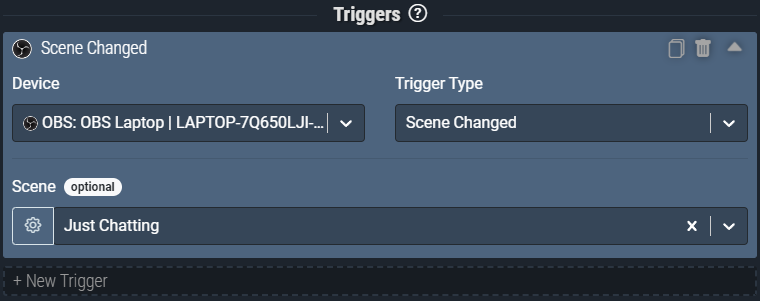 Screenshot: Scene Changed trigger will only activate only when OBS has changed TO ‘Just Chatting’.