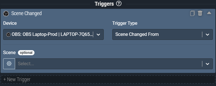 Screenshot: Scene Changed From trigger will activate anytime OBS changes scenes.