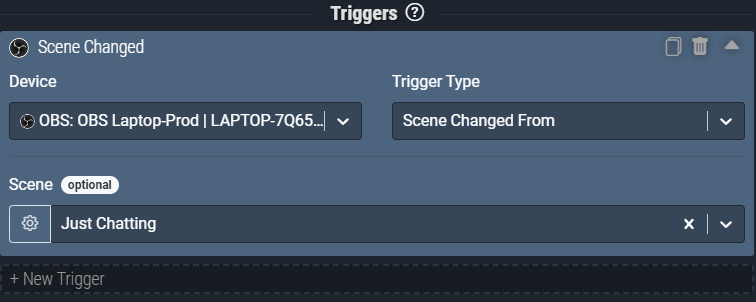 Screenshot: Scene Changed From trigger will only activate only when OBS has changed FROM ‘Just Chatting’.