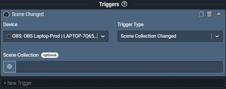 Screenshot: Scene Collection Changed trigger will activate anytime OBS changes scene collections.