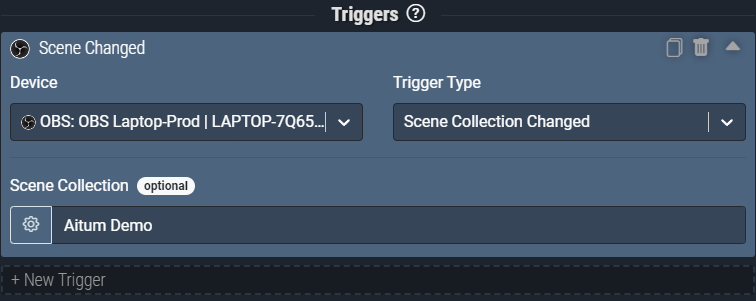 Screenshot: Scene Collection Changed trigger will only activate only when OBS has changed TO the scene collection named ‘Aitum Demo’.