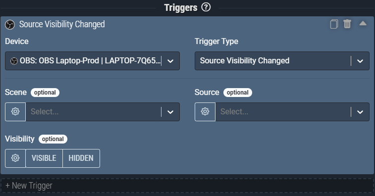 Screenshot: This source Visibility Changed trigger pictured will activate anytime ANY source in OBS has it’s visibility changed to either *visible* or *hidden*.