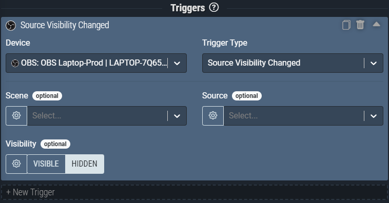 Screenshot: This Source Visibility Changed trigger pictured will activate anytime ANY source in OBS has it’s visibility changed to *hidden*.