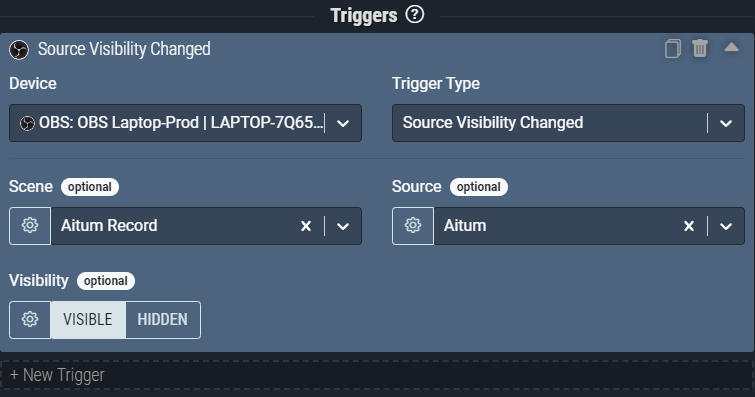 Screenshot: This Source Visibility Changed trigger pictured will only activate when the *Aitum* source on the *Aitum Record* scene is set to *Visible*.