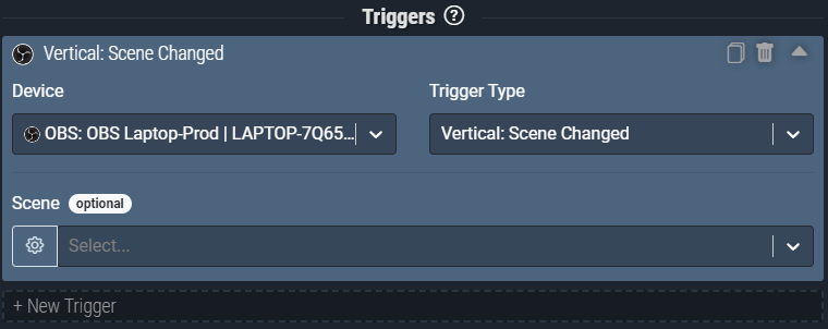 Screenshot: The Vertical: Scene Changed trigger pictured will activate anytime the Vertical Plugin changes scenes.