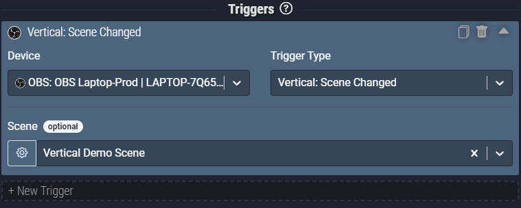 Screenshot: Vertical: Scene Changed trigger will only activate only when the Vertical Plugin has changed TO the ‘Vertical Demo Scene’.