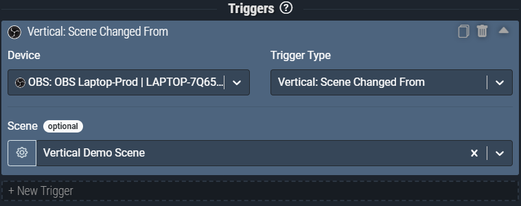 Screenshot: The Vertical: Scene Changed From trigger pictured will only activate only when the Vertical Plugin has changed FROM ‘Vertical Demo Scene’.