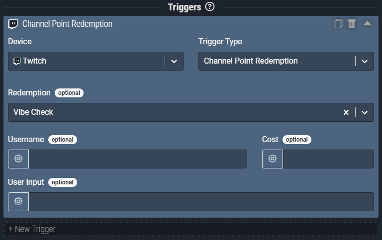 Screenshot: The Channel Point Redemption trigger pictured will activate when any user presses the Vibe Check redemption in the Twitch stream.