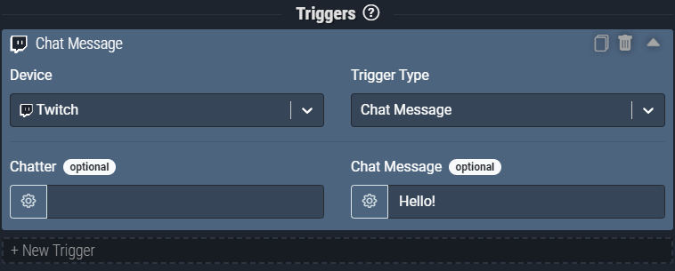 Screenshot: The Chat Message trigger pictured will only fire when a chatter specifically sends ‘Hello!’ in your twitch chat.