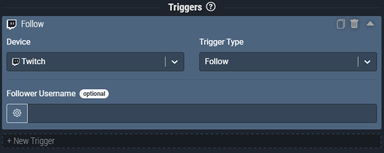 Screenshot: The Follow trigger pictured will activate anytime a new follow comes through on Twitch.