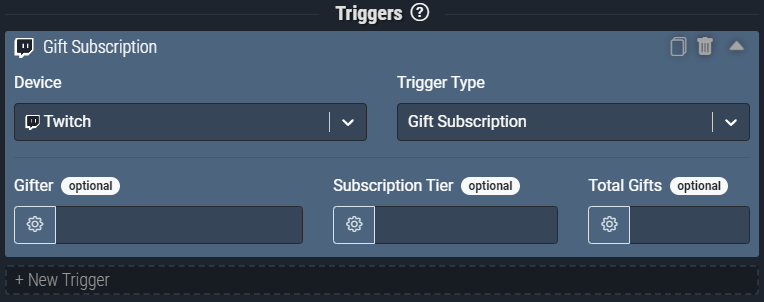 Screenshot: The *Gift Subscription* trigger pictured will only fire whenever someone *gifts a subscription*.