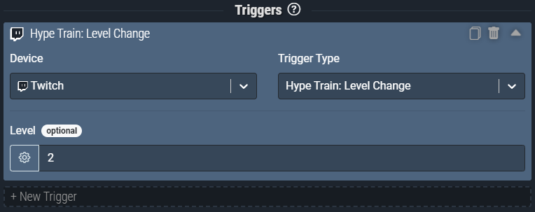 Screenshot: The Hype Train: Level Change trigger pictured will activate when a Hype Train changes to level 2.