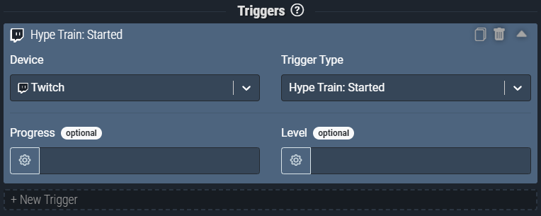 Screenshot: The *Hype Train: Started* trigger pictured will activate anytime a *new* Hype Train is started.