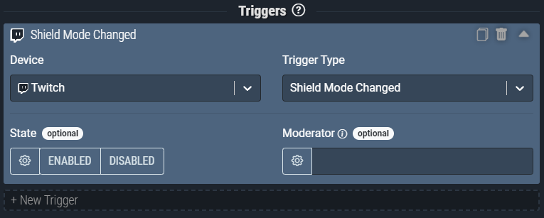 Screenshot: The Shield Mode Changed trigger pictured will activate anytime the state of shield mode is changed.