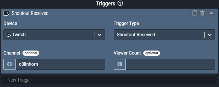 Screenshot: The Shoutout Received trigger pictured will only fire when ‘c0linhorn’ has given your channel a shoutout.
