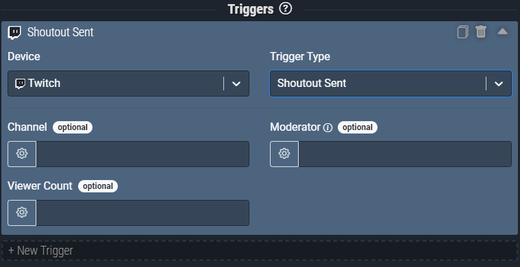 Screenshot: The Shoutout Sent trigger will activate anytime any user is shouted out in your twitch channel.