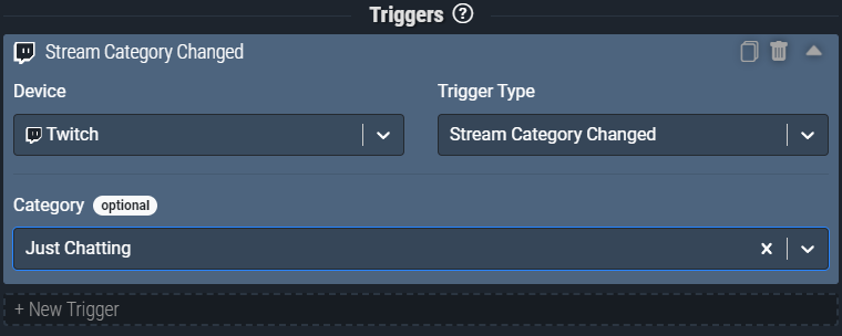 Screenshot: The Stream Category Changed trigger pictured will only fire when your category is changed to Just Chatting.