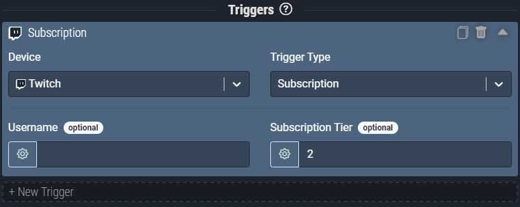 Screenshot: The *Subscription* trigger pictured will only fire when someone subscribes with a *tier 2* subscription.