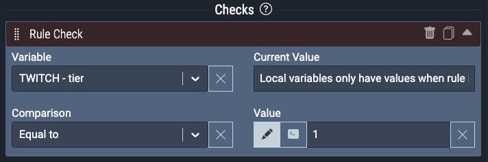 This Rule Check will check the Subscription Tier of the subscription that triggered the rule. If it is equal to Tier 1, the Rule will execute the actions! If it is not, the actions will not execute.